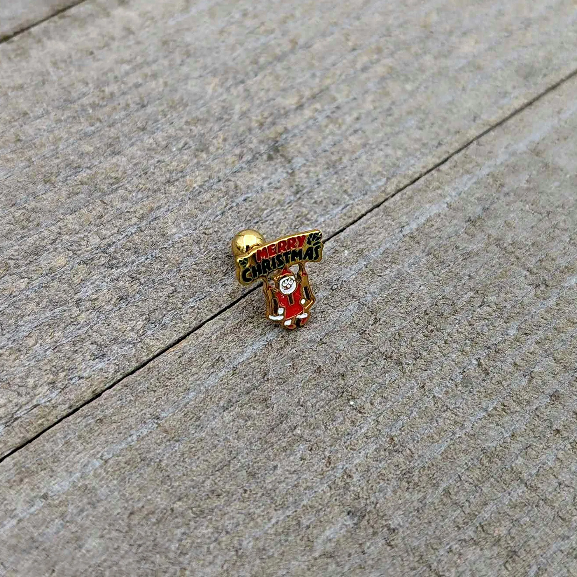 16 Gauge 1/4 Gold Tone Merry Christmas Santa Inlay Cartilage Earring