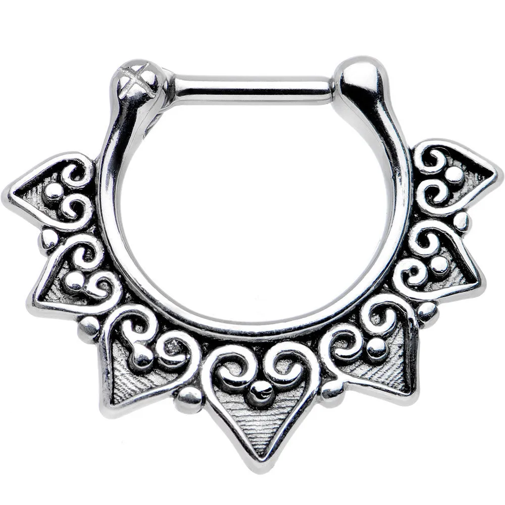 16 Gauge 1/4 Steel Barbell Ornate Heart Detailed Hoop Septum Clicker