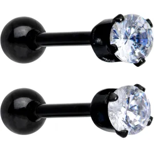 16 Gauge 3/8 Clear Gem Black Anodized Titanium Cartilage Tragus Earring 2 Pack Set
