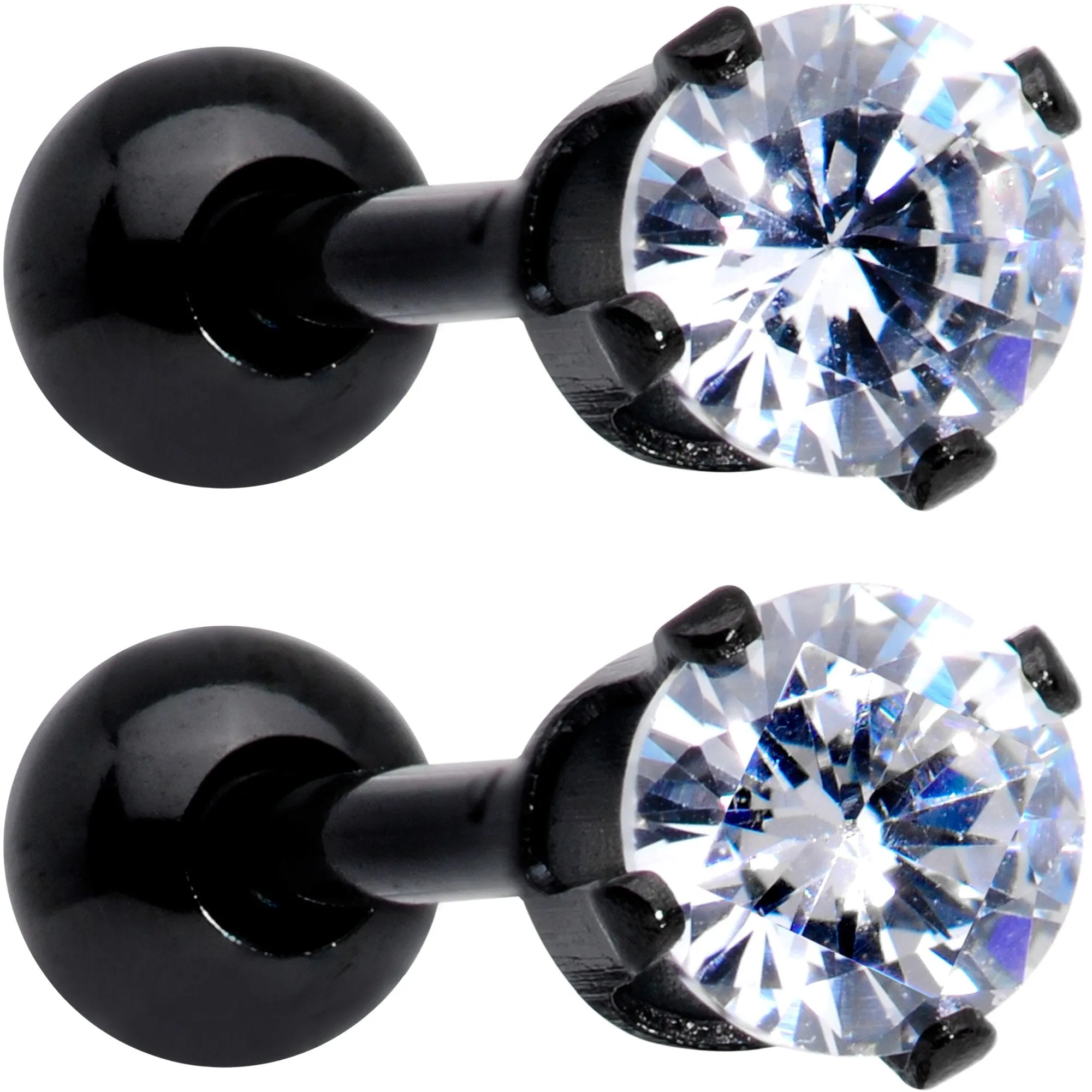 16 Gauge 3/8 Clear Gem Black Anodized Titanium Cartilage Tragus Earring 2 Pack Set