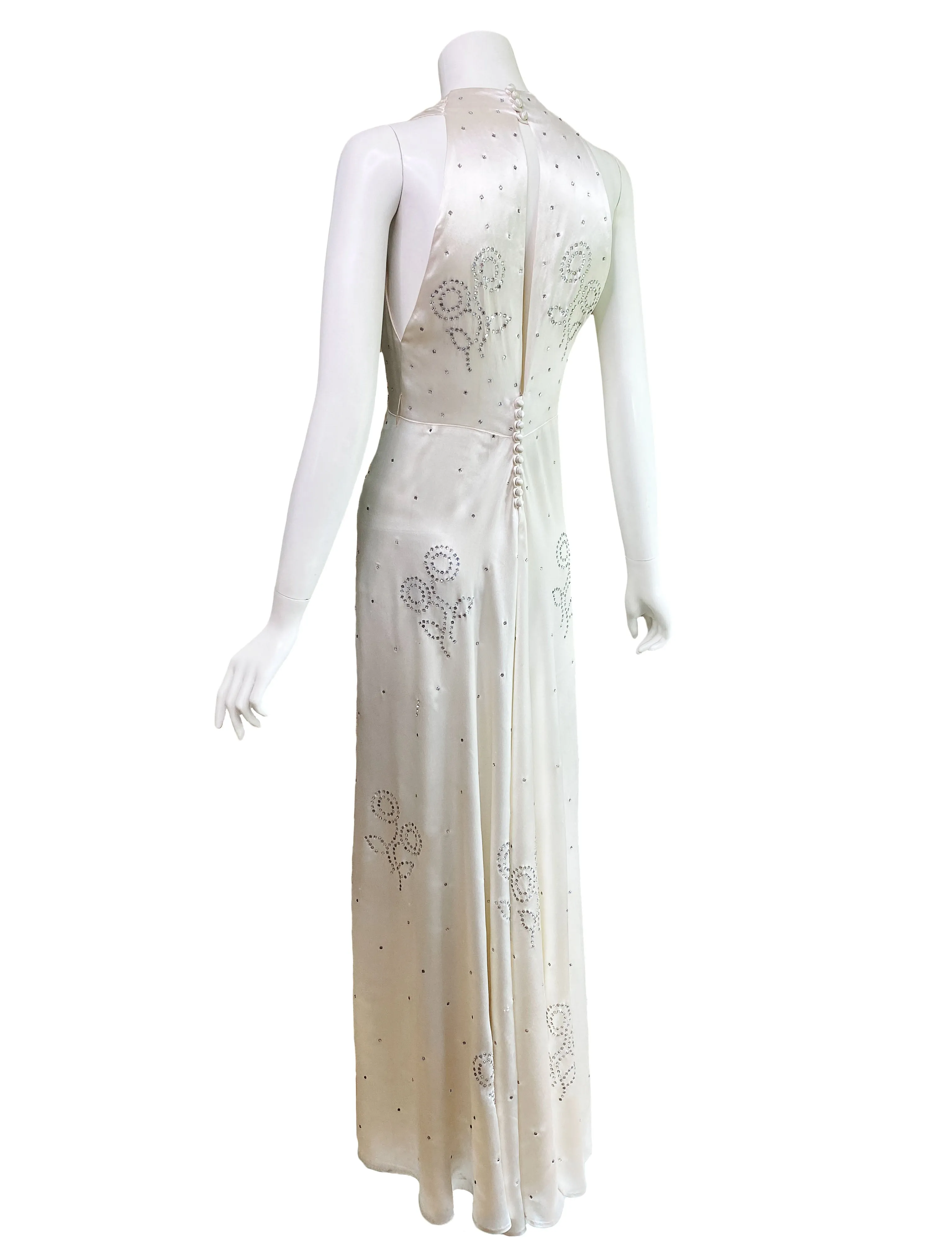 1930s Art Deco Rhinestone Satin Gown