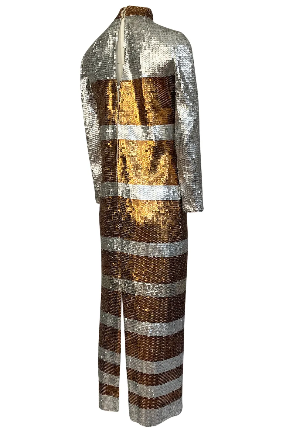 1970s Edward Parnes Striped Silver & Copper Densely Sequin Dress