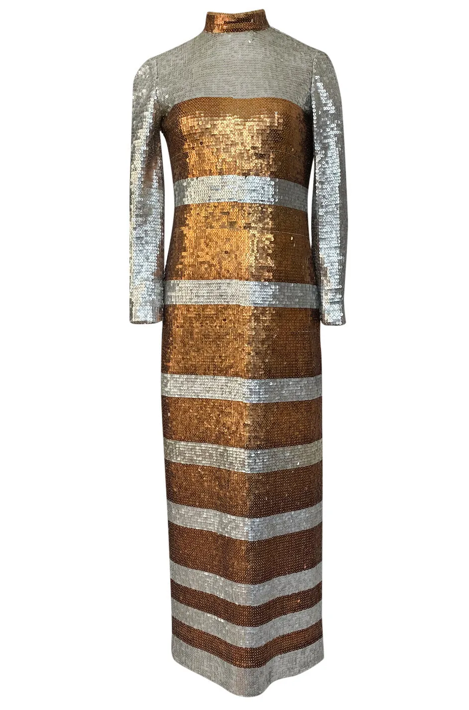 1970s Edward Parnes Striped Silver & Copper Densely Sequin Dress