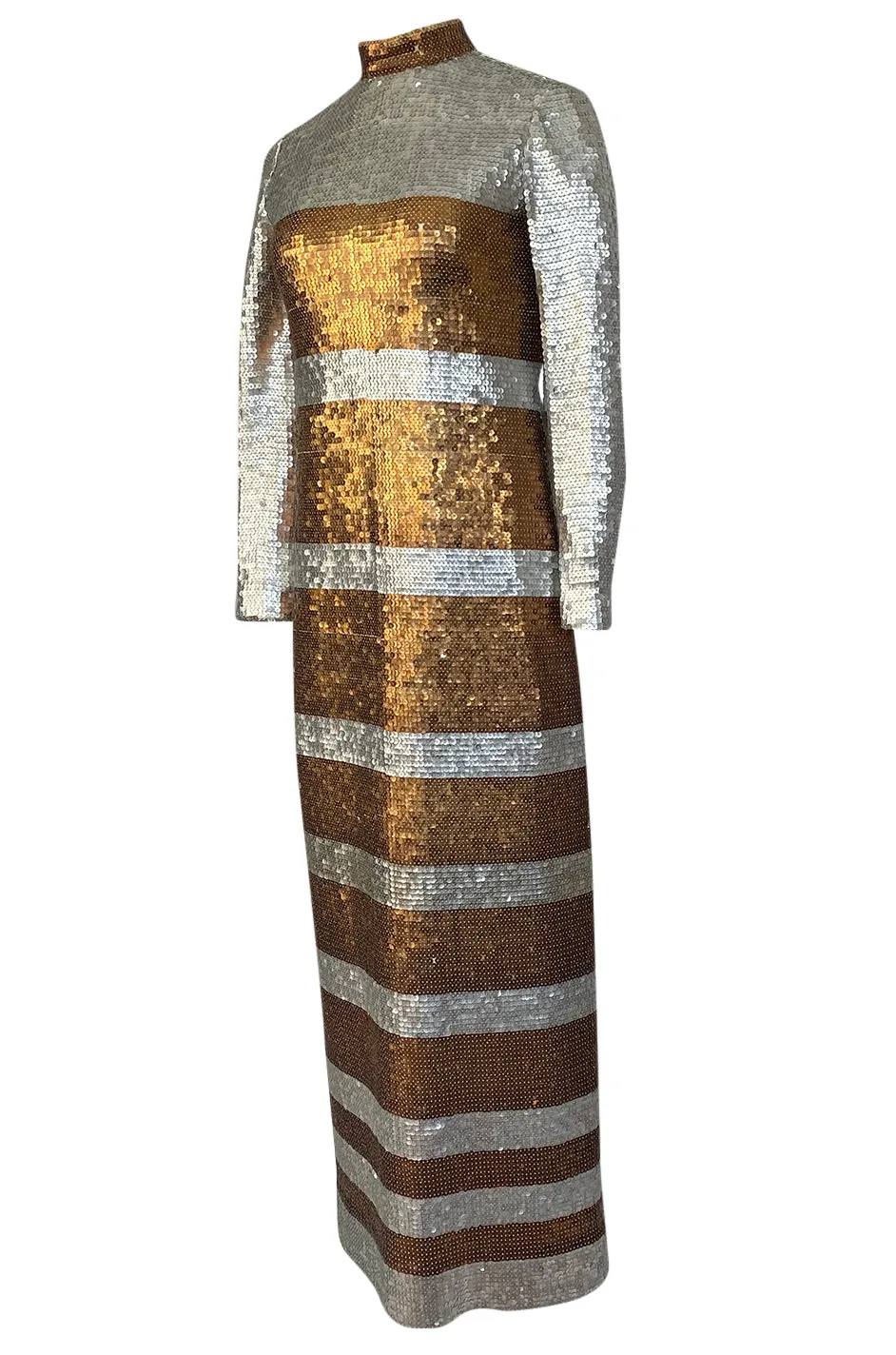 1970s Edward Parnes Striped Silver & Copper Densely Sequin Dress