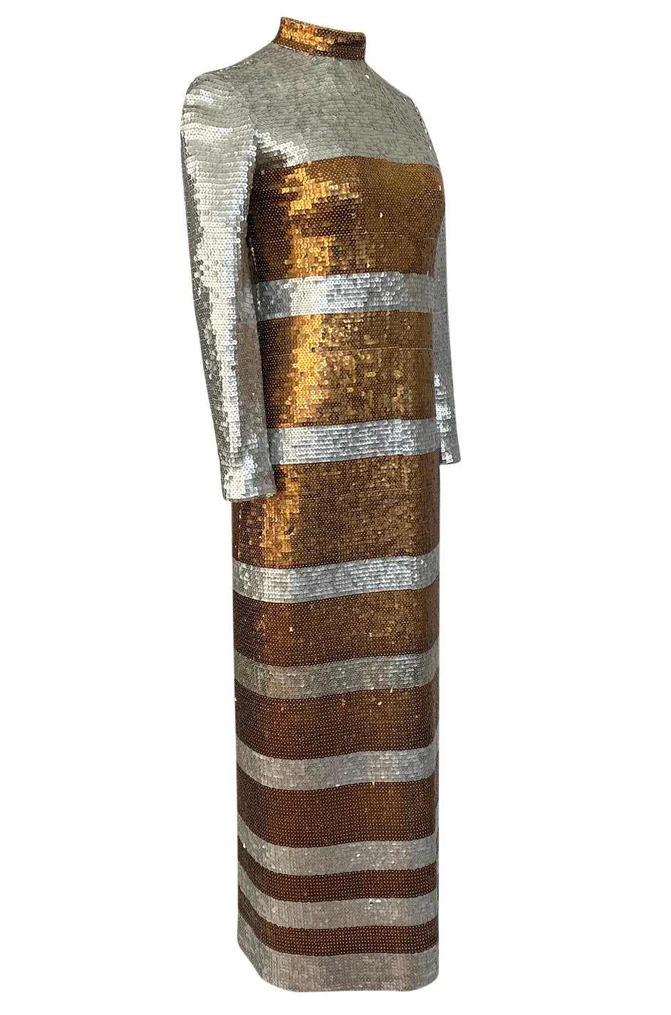 1970s Edward Parnes Striped Silver & Copper Densely Sequin Dress