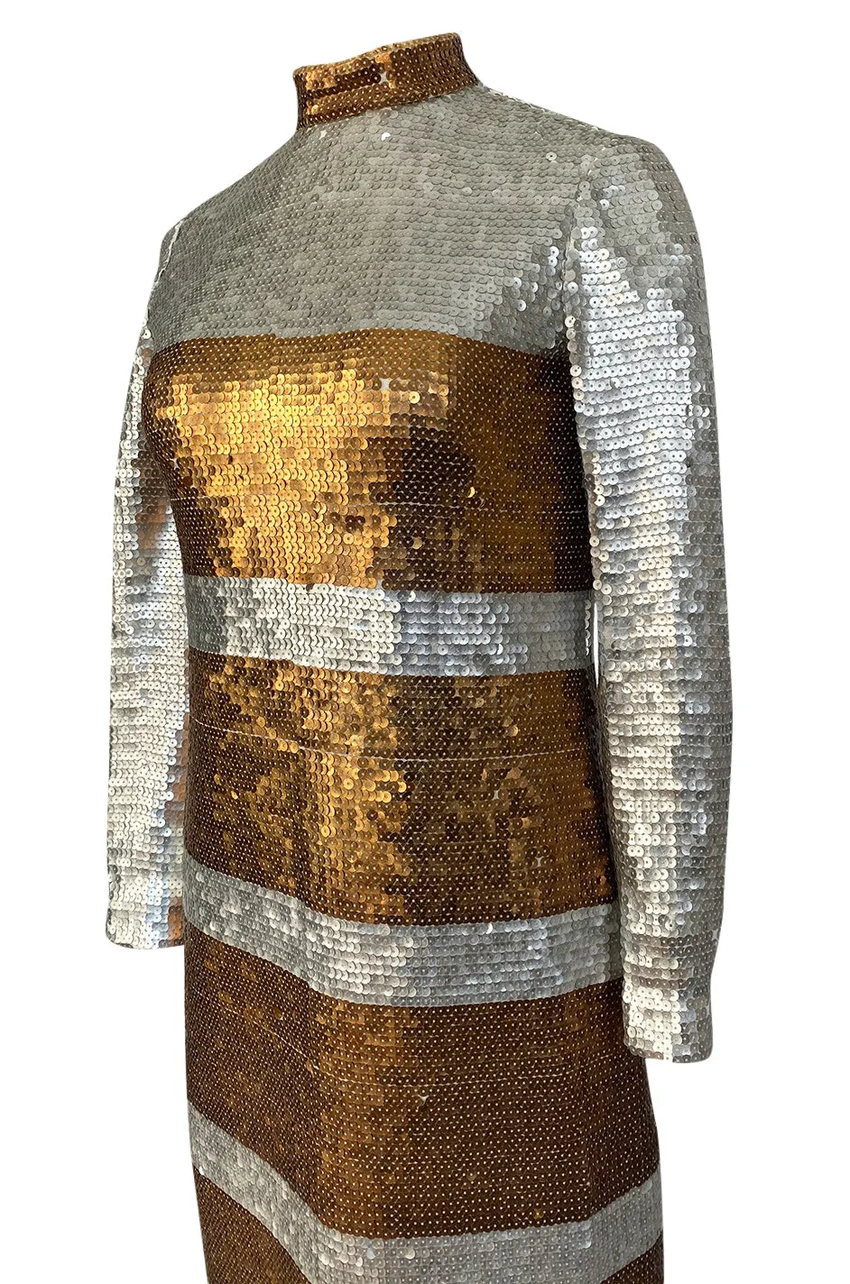 1970s Edward Parnes Striped Silver & Copper Densely Sequin Dress