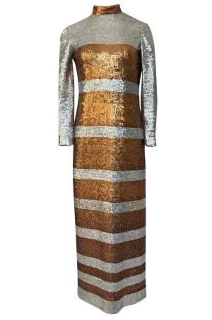 1970s Edward Parnes Striped Silver & Copper Densely Sequin Dress