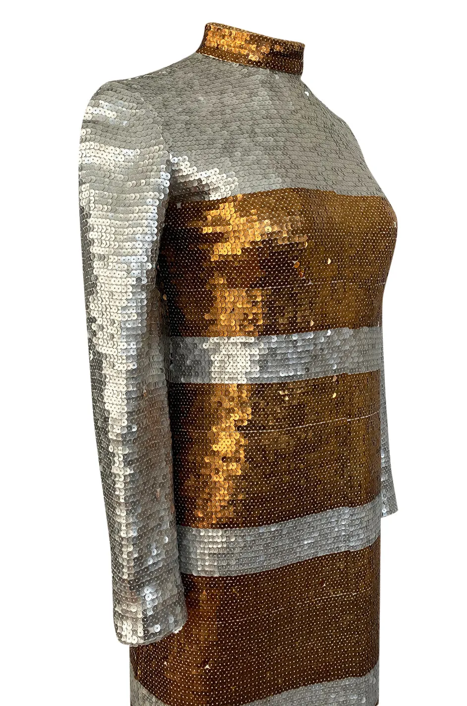 1970s Edward Parnes Striped Silver & Copper Densely Sequin Dress