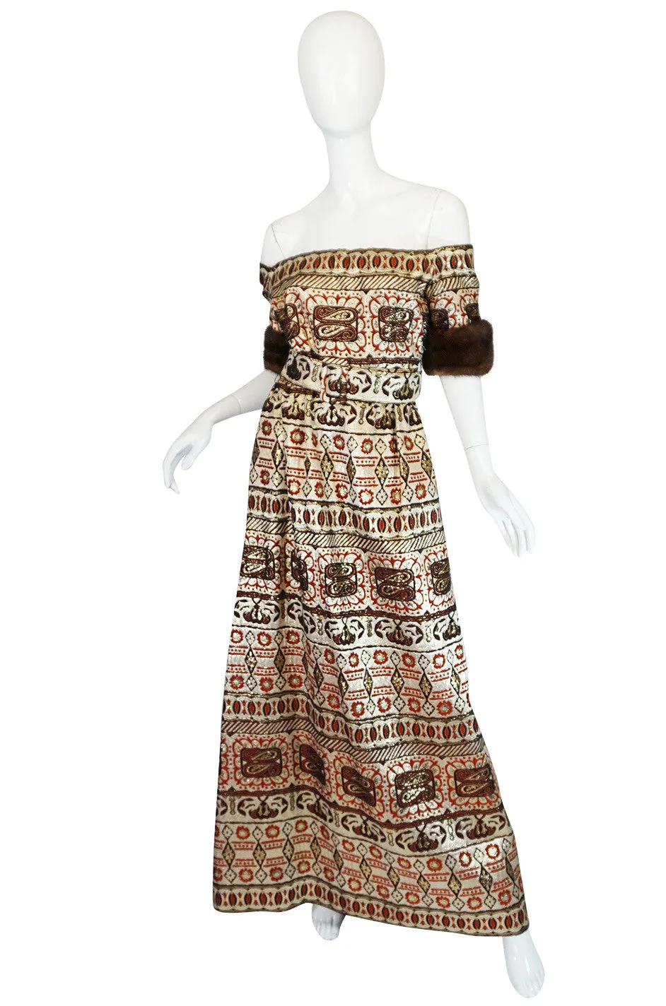 1973 Oscar de la Renta Mink Cuff Metallic Brocade Gown