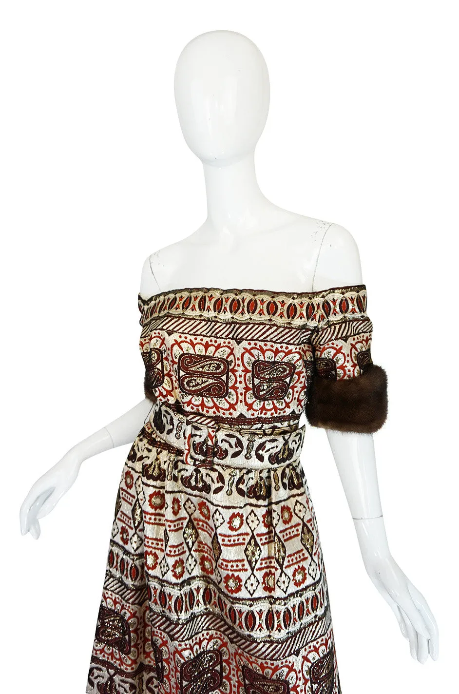 1973 Oscar de la Renta Mink Cuff Metallic Brocade Gown