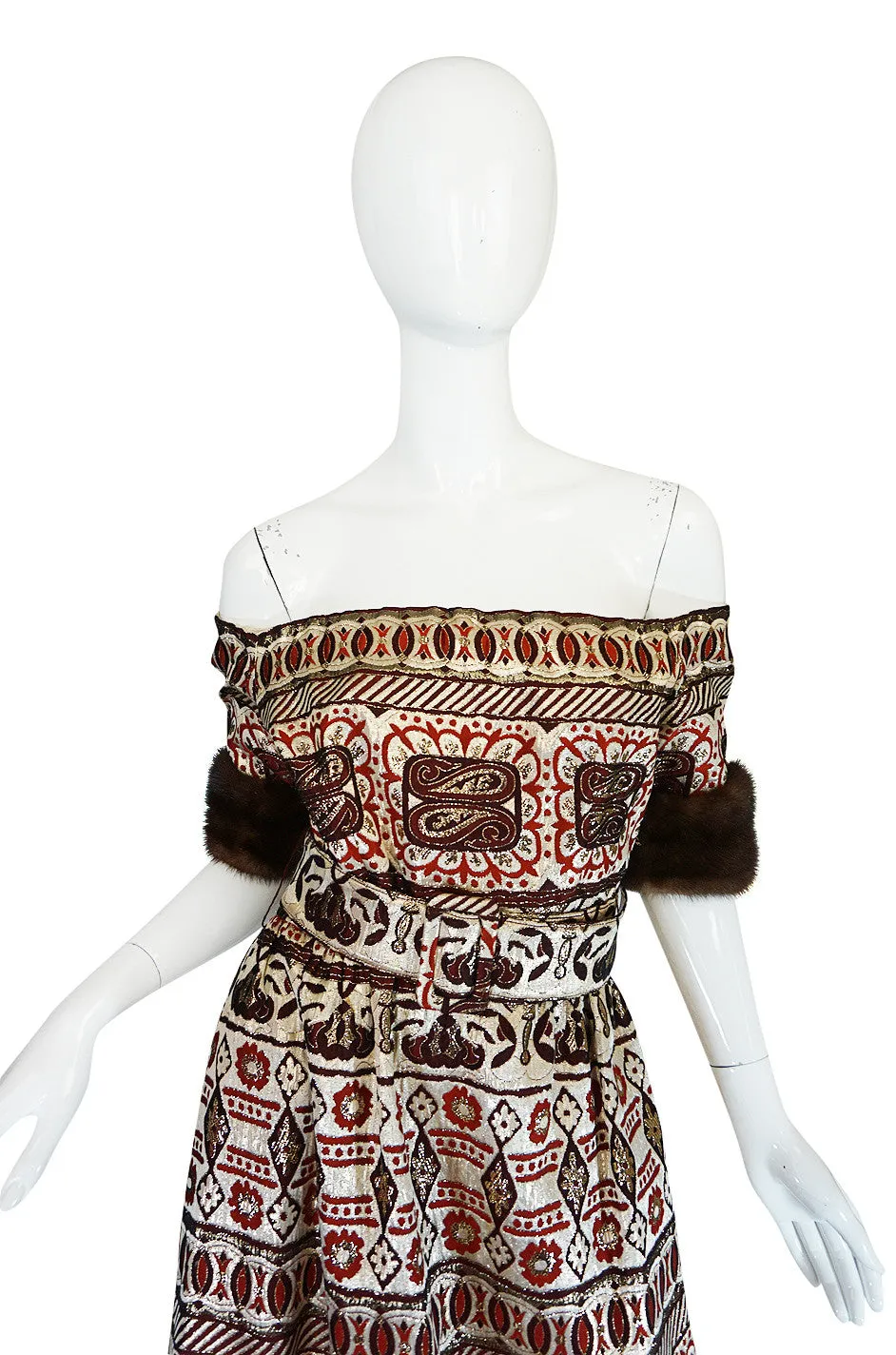 1973 Oscar de la Renta Mink Cuff Metallic Brocade Gown