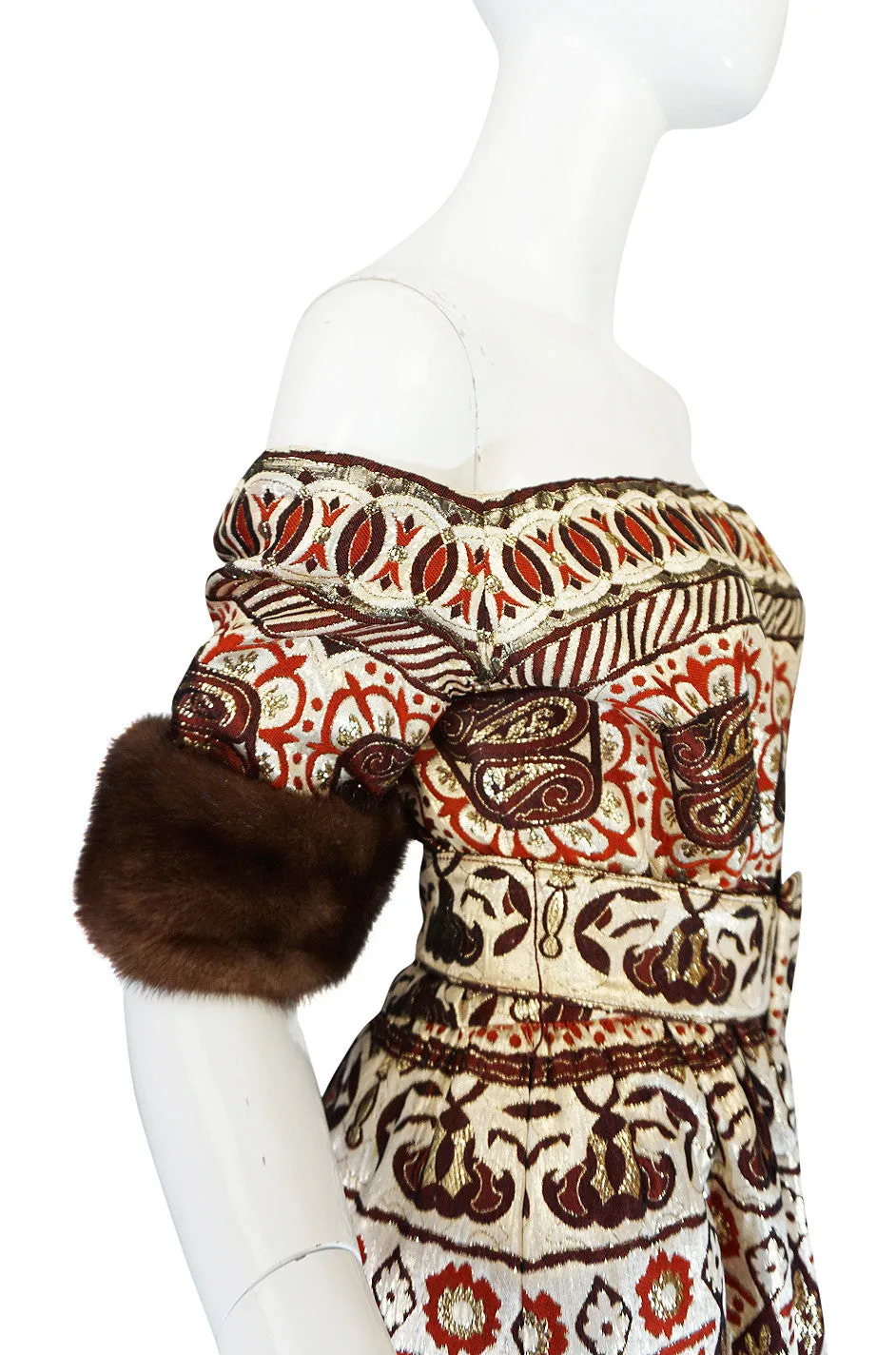 1973 Oscar de la Renta Mink Cuff Metallic Brocade Gown