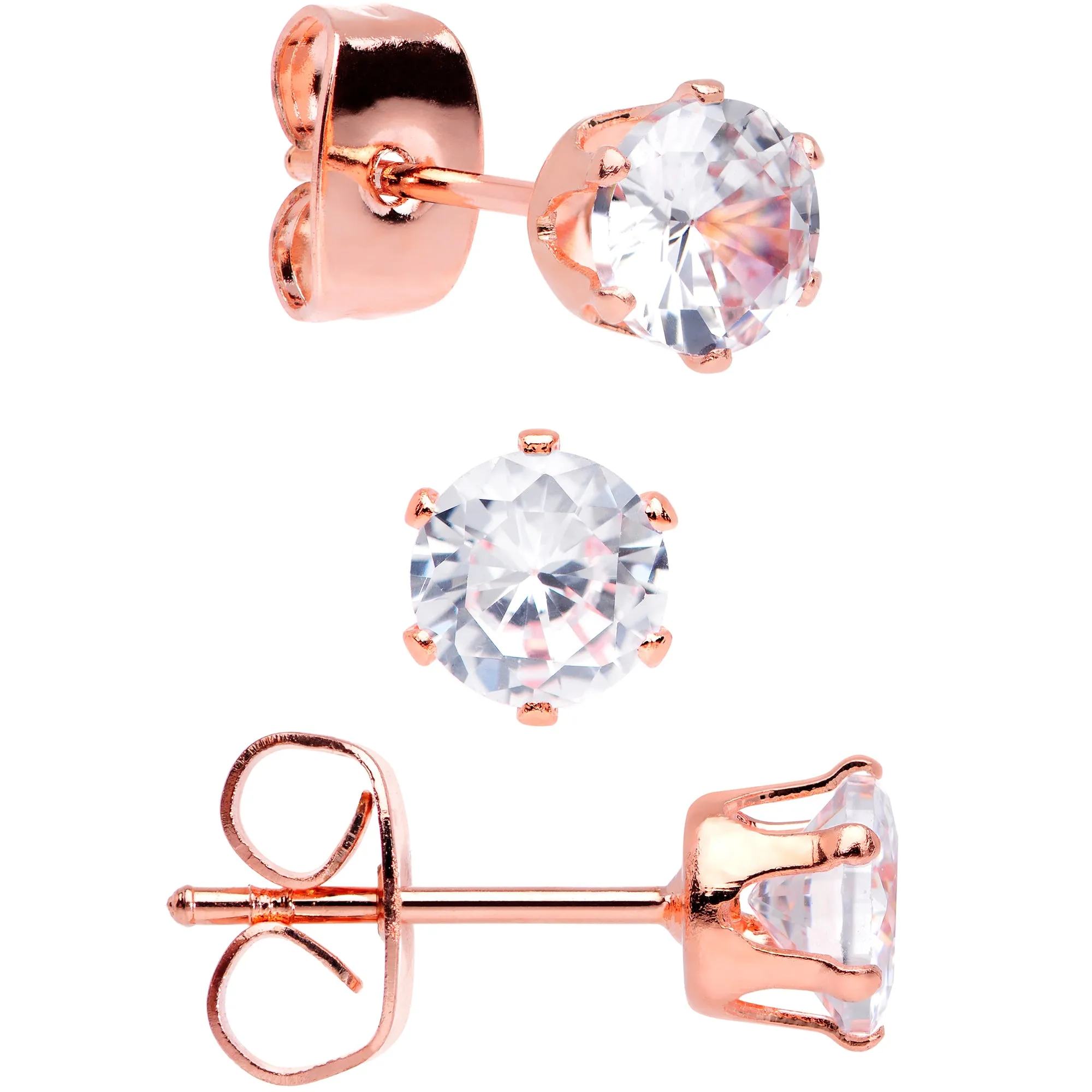 20 Gauge Clear CZ Gem Rose Gold Tone Post Stud Earring Set of 3