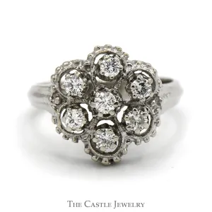 7 Diamond Cluster Ring with Open Beaded Design in 14k White Gold