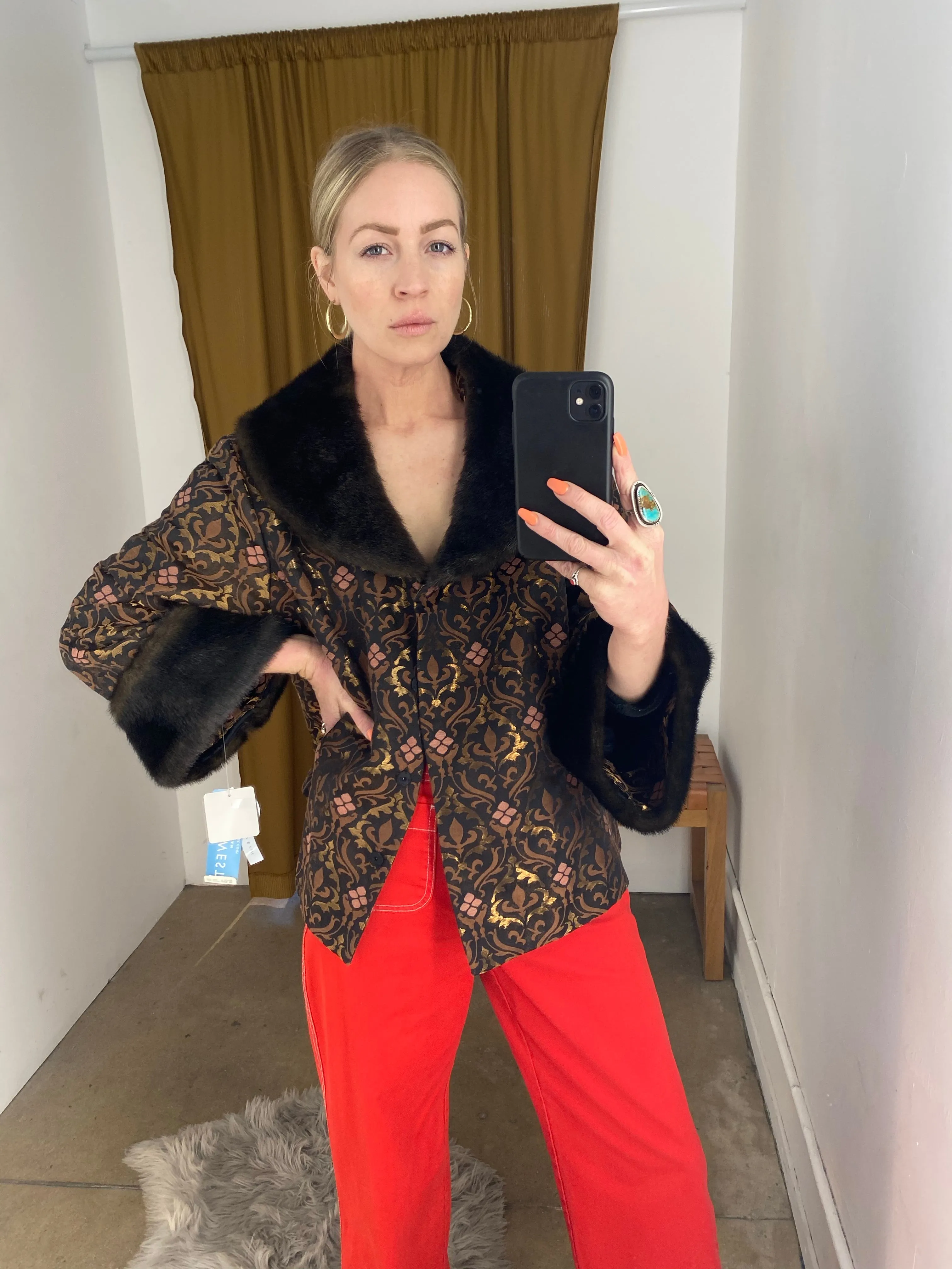 90’s BROCADE JACKET WITH FAUX FUR / MEDIUM
