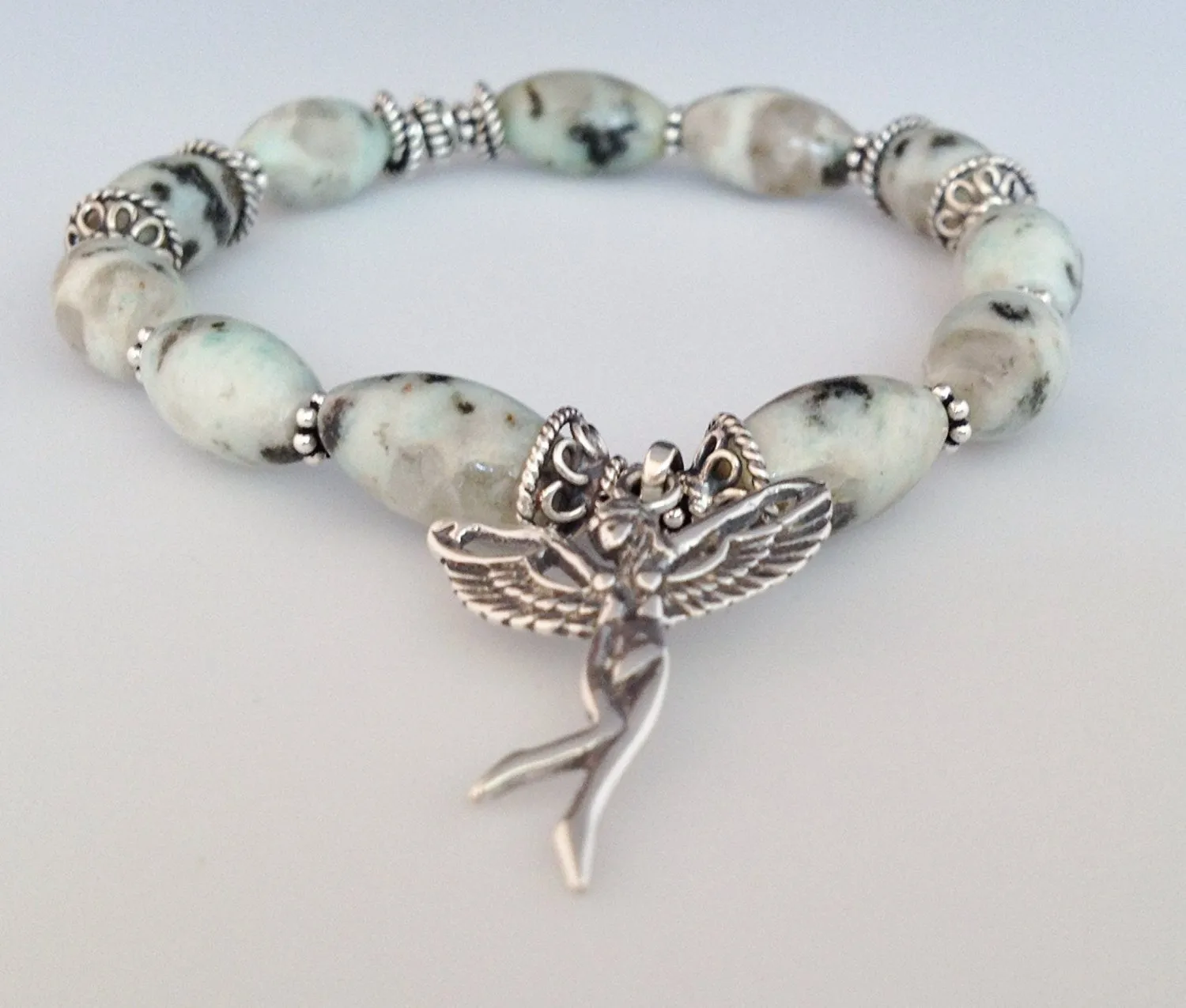 925 Bali Sterling Silver and Dot Jasper Stretch Bracelet With Fairy Charm