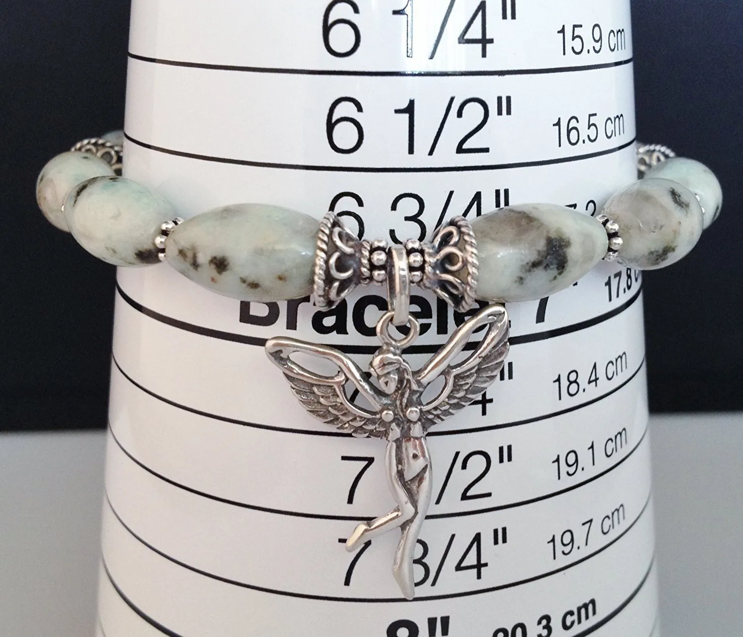 925 Bali Sterling Silver and Dot Jasper Stretch Bracelet With Fairy Charm