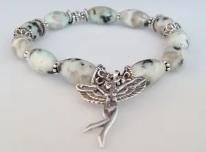 925 Bali Sterling Silver and Dot Jasper Stretch Bracelet With Fairy Charm
