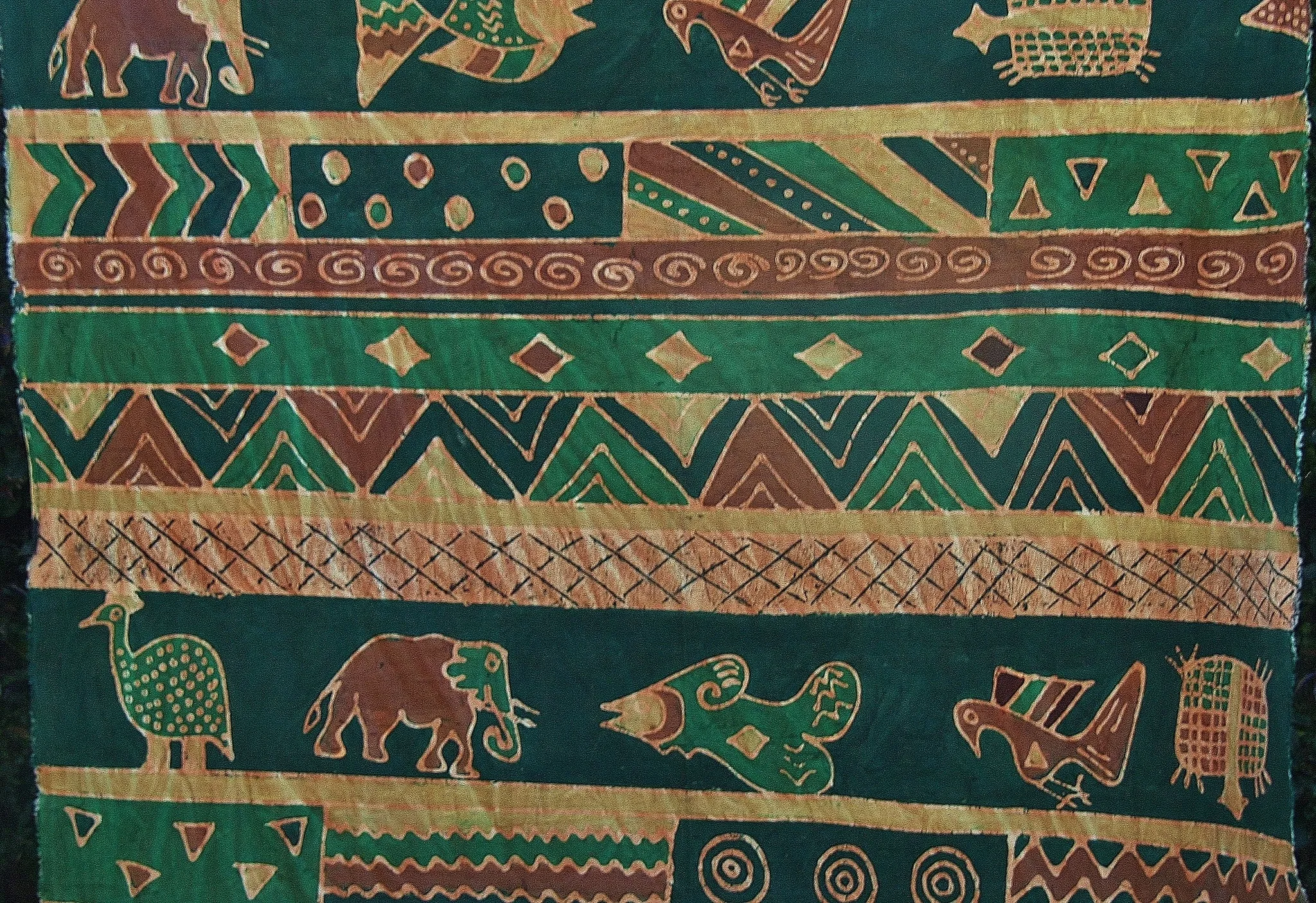 African Batik Guinea Fowl, Fish, Elephant, Turtle Green Gold Beige 62" X 124"