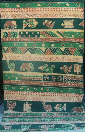 African Batik Guinea Fowl, Fish, Elephant, Turtle Green Gold Beige 62" X 124"