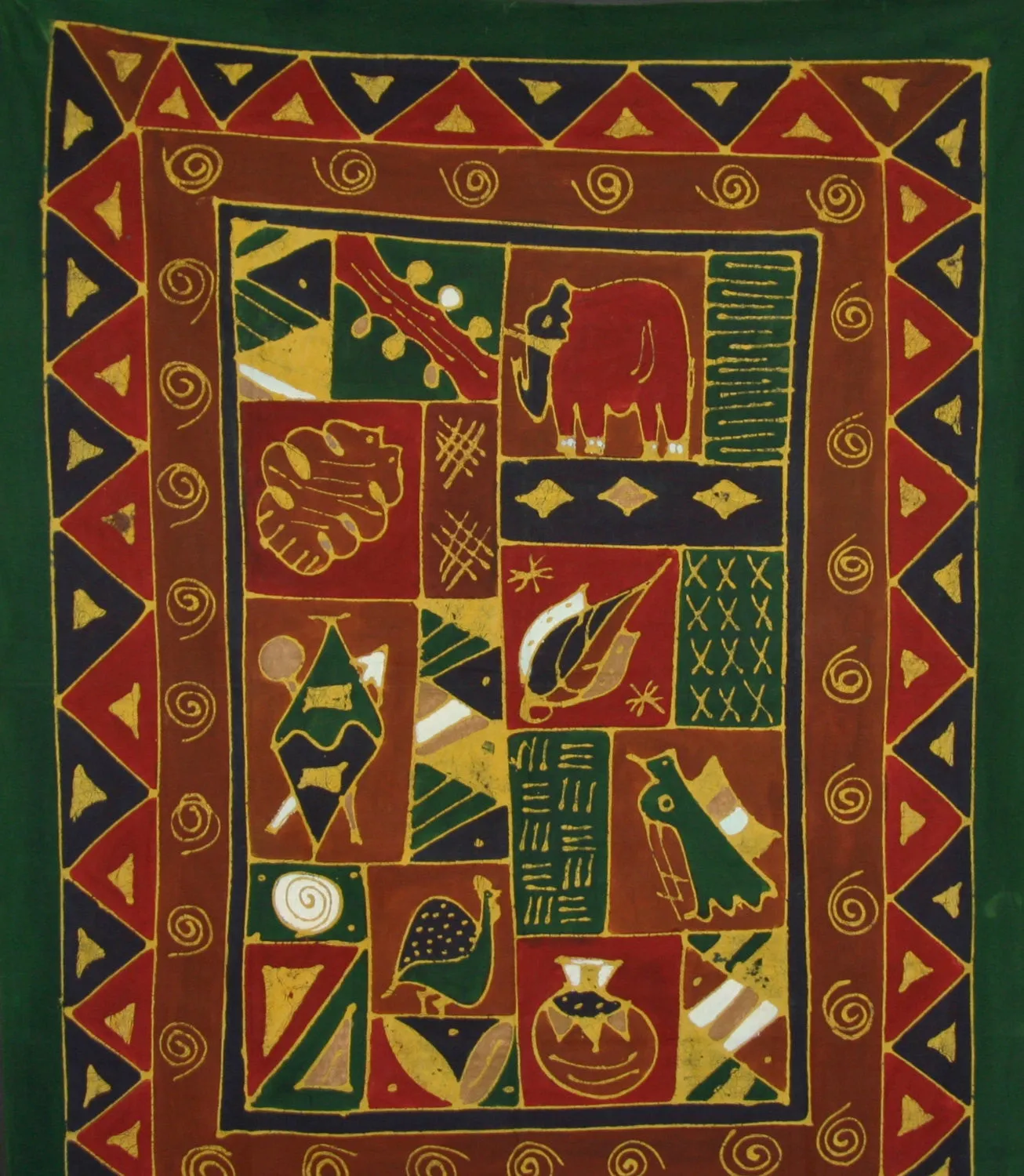 African Batik Tapestry Fabric Red Brown Green Gold  58" X 75" Handmade Zimbabwe