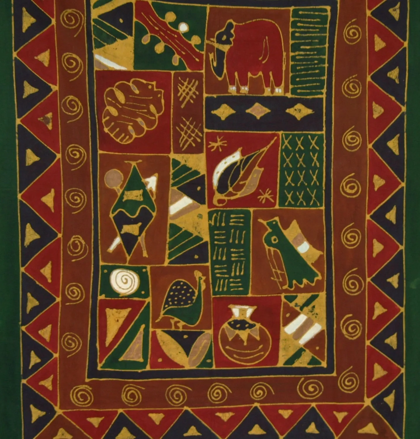 African Batik Tapestry Fabric Red Brown Green Gold  58" X 75" Handmade Zimbabwe