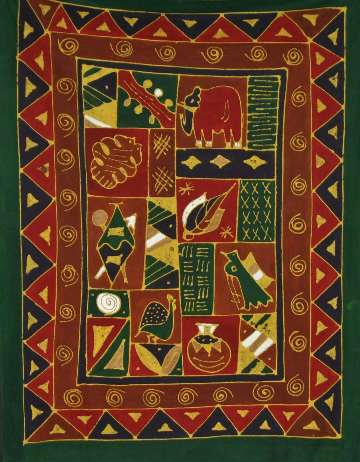 African Batik Tapestry Fabric Red Brown Green Gold  58" X 75" Handmade Zimbabwe