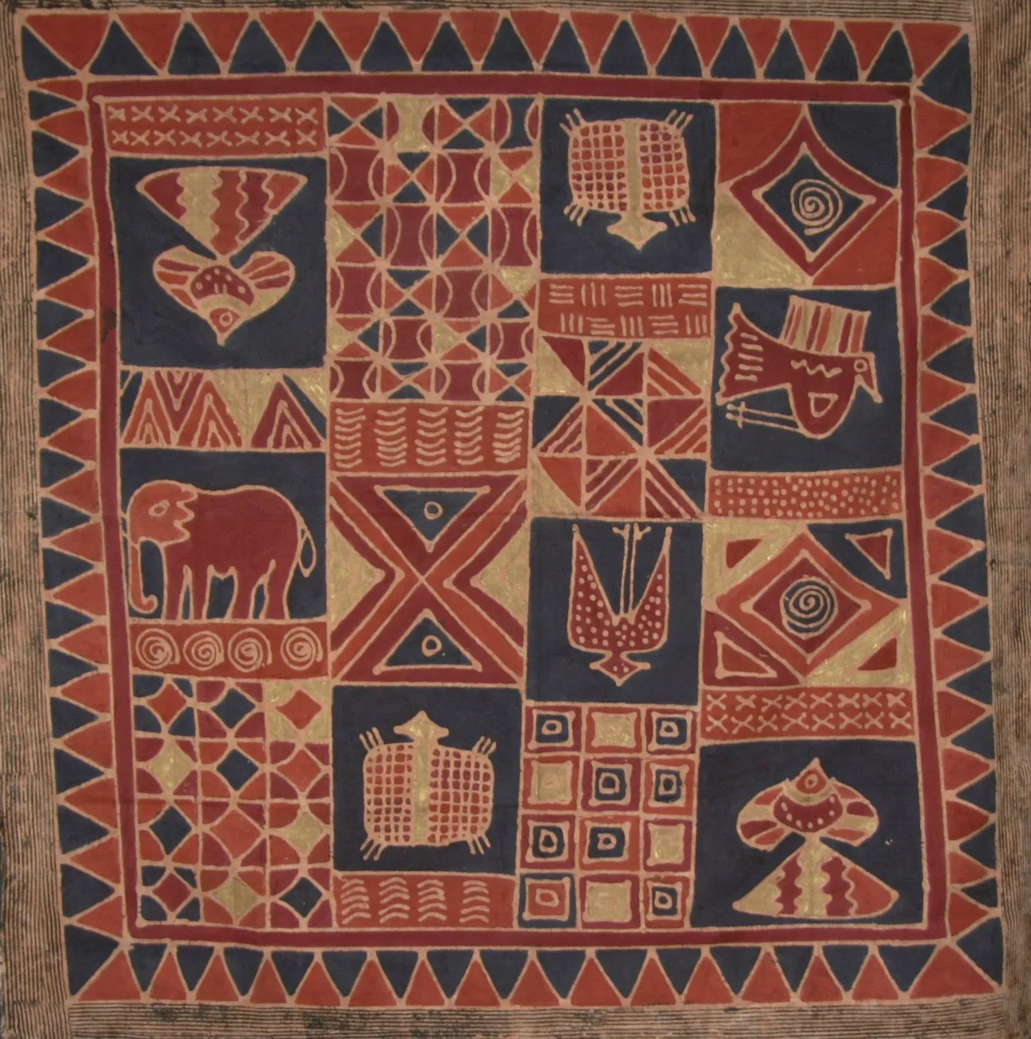 African Batik Tapestry Navy Sienna Cream Gold