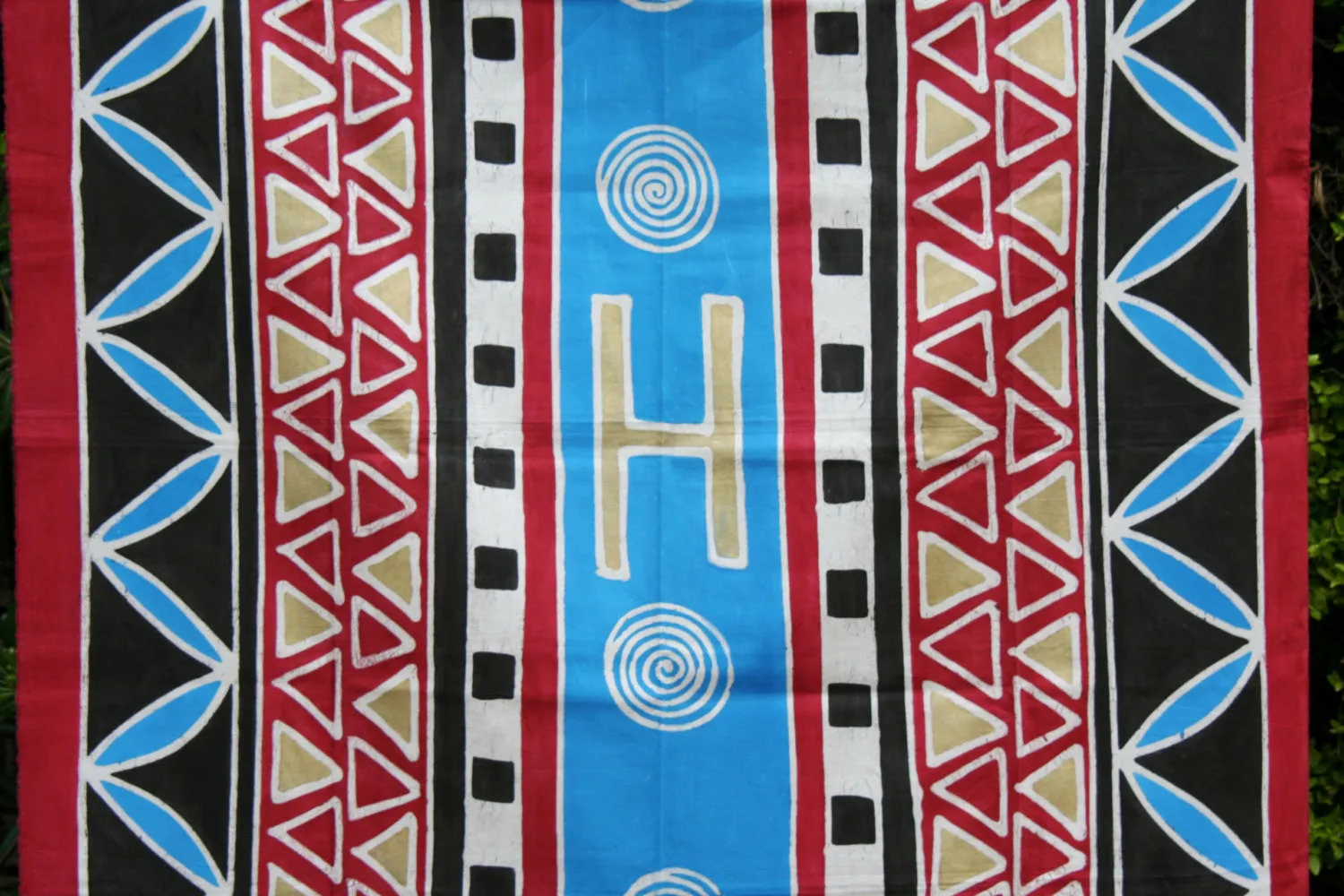 African Batik Zimbabwe 56" X 74" - Vintage Red, Blue, Black Gold, Natural