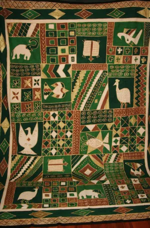 African Batik Zimbabwe Tapestry/Fabric Green Cocoa Gold Cream 89"W X 120"L