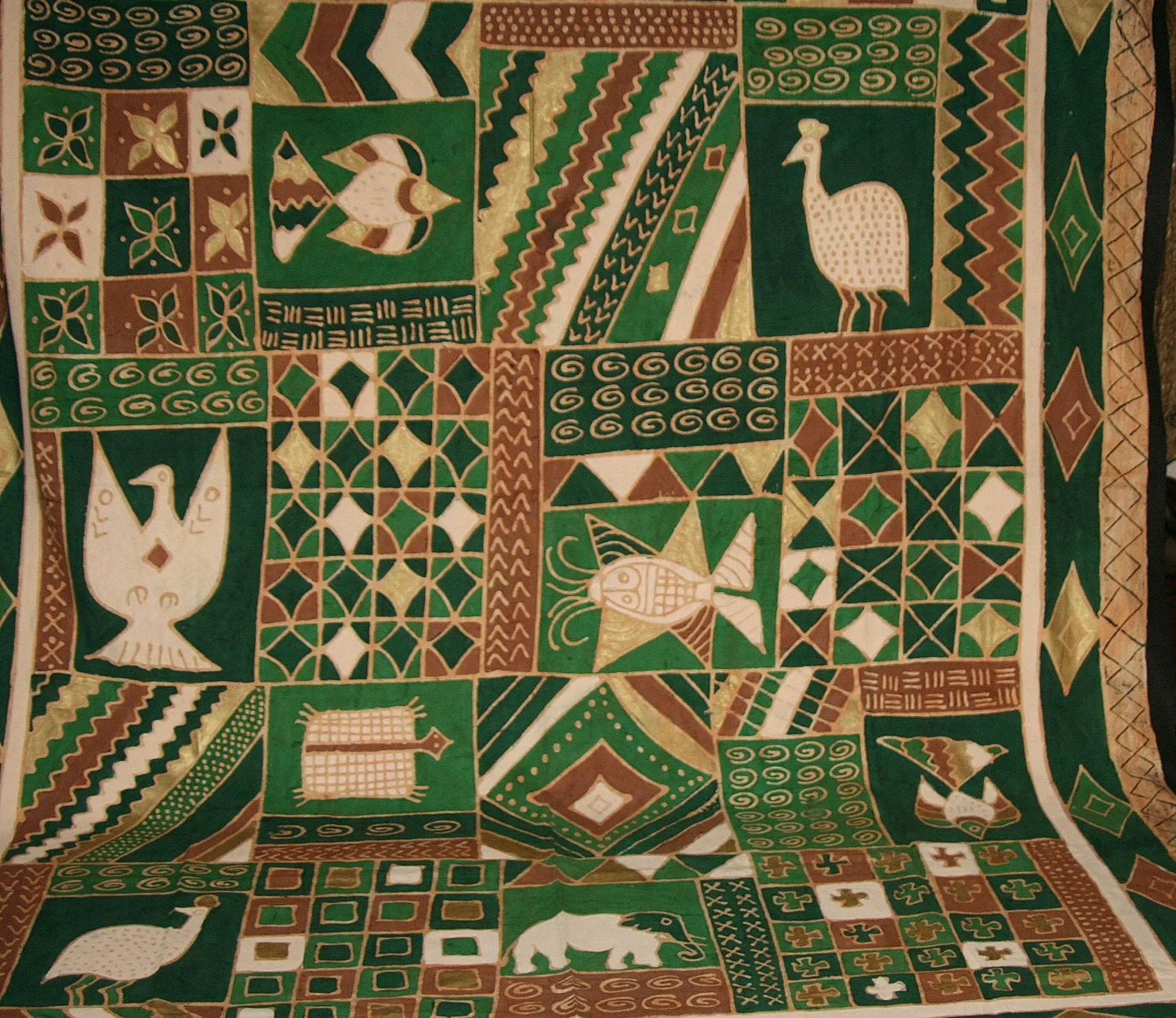 African Batik Zimbabwe Tapestry/Fabric Green Cocoa Gold Cream 89"W X 120"L