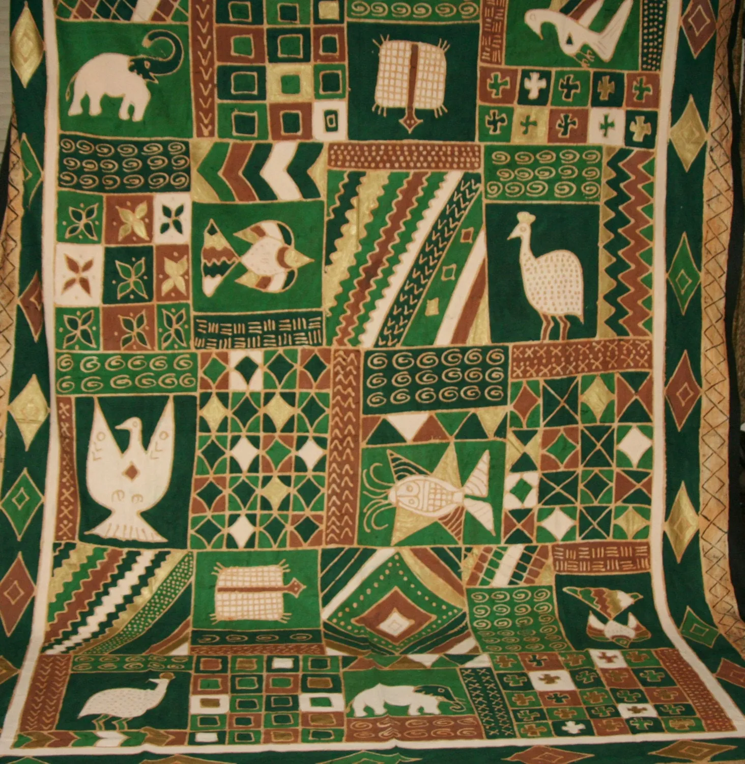 African Batik Zimbabwe Tapestry/Fabric Green Cocoa Gold Cream 89"W X 120"L