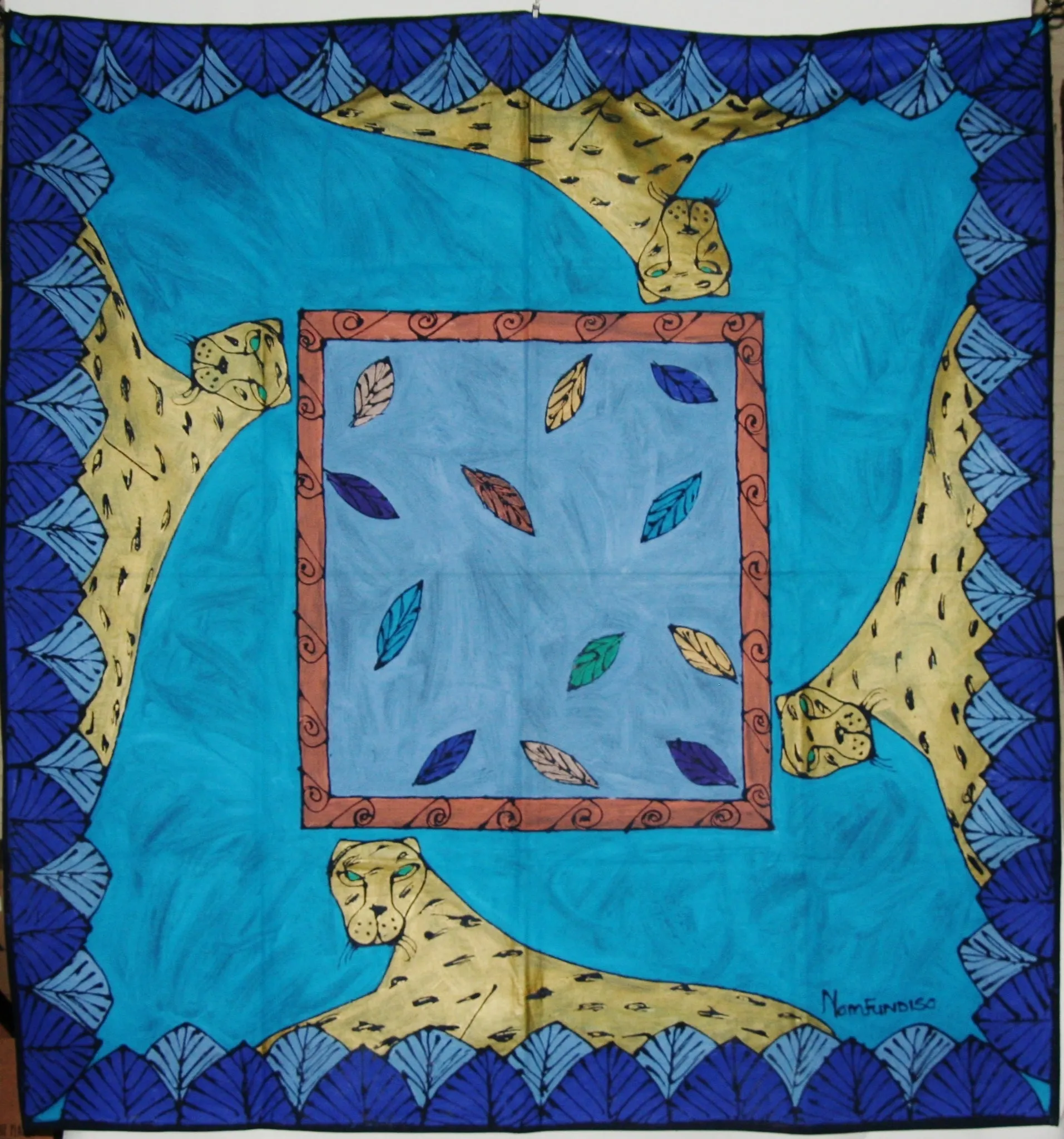 African Leopard Tapestry/Tablecloth Colors of Indigo, Gold, Periwinkle, Green, Purple, Blue 55"X 58" South Africa