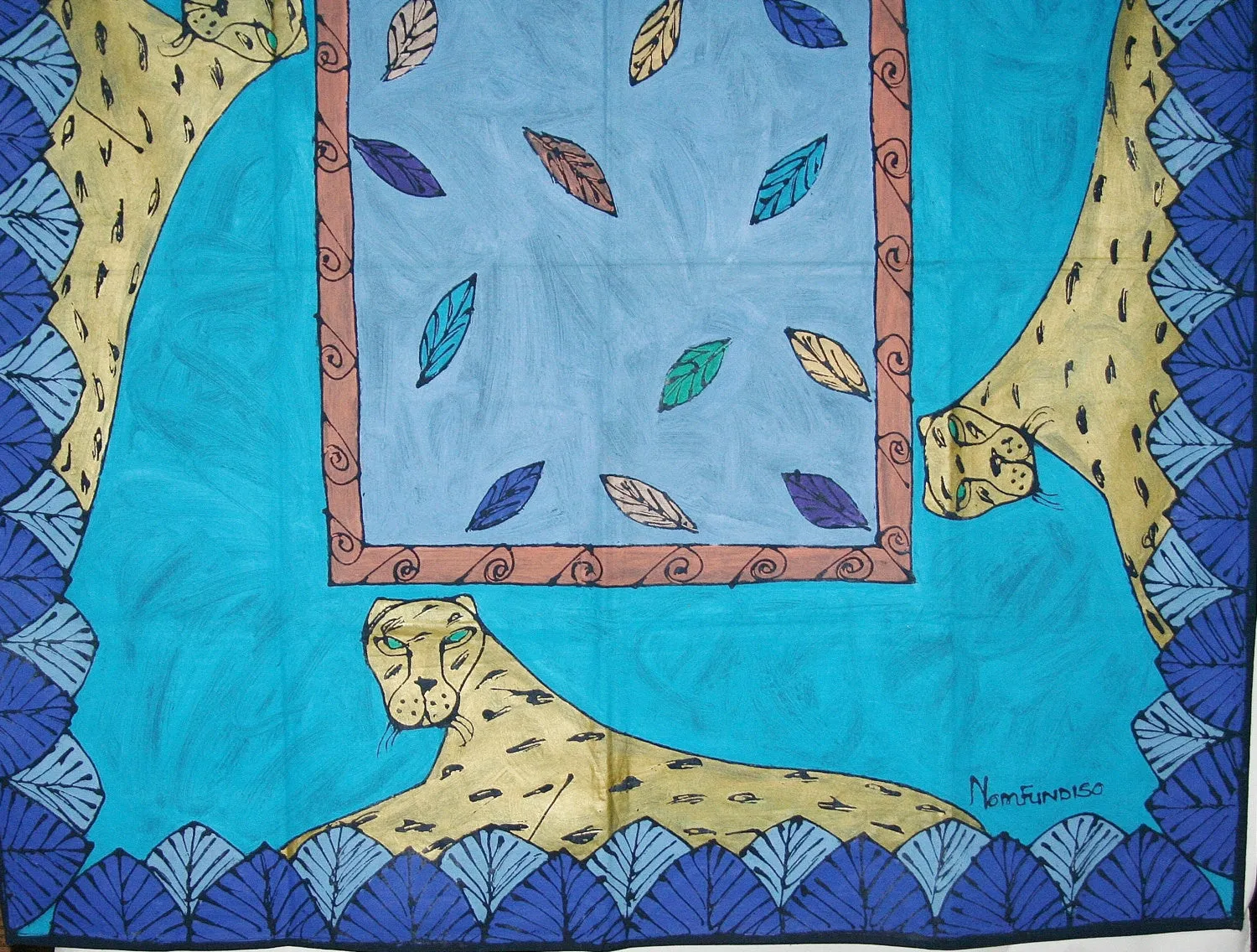 African Leopard Tapestry/Tablecloth Colors of Indigo, Gold, Periwinkle, Green, Purple, Blue 55"X 58" South Africa