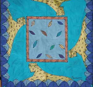 African Leopard Tapestry/Tablecloth Colors of Indigo, Gold, Periwinkle, Green, Purple, Blue 55"X 58" South Africa