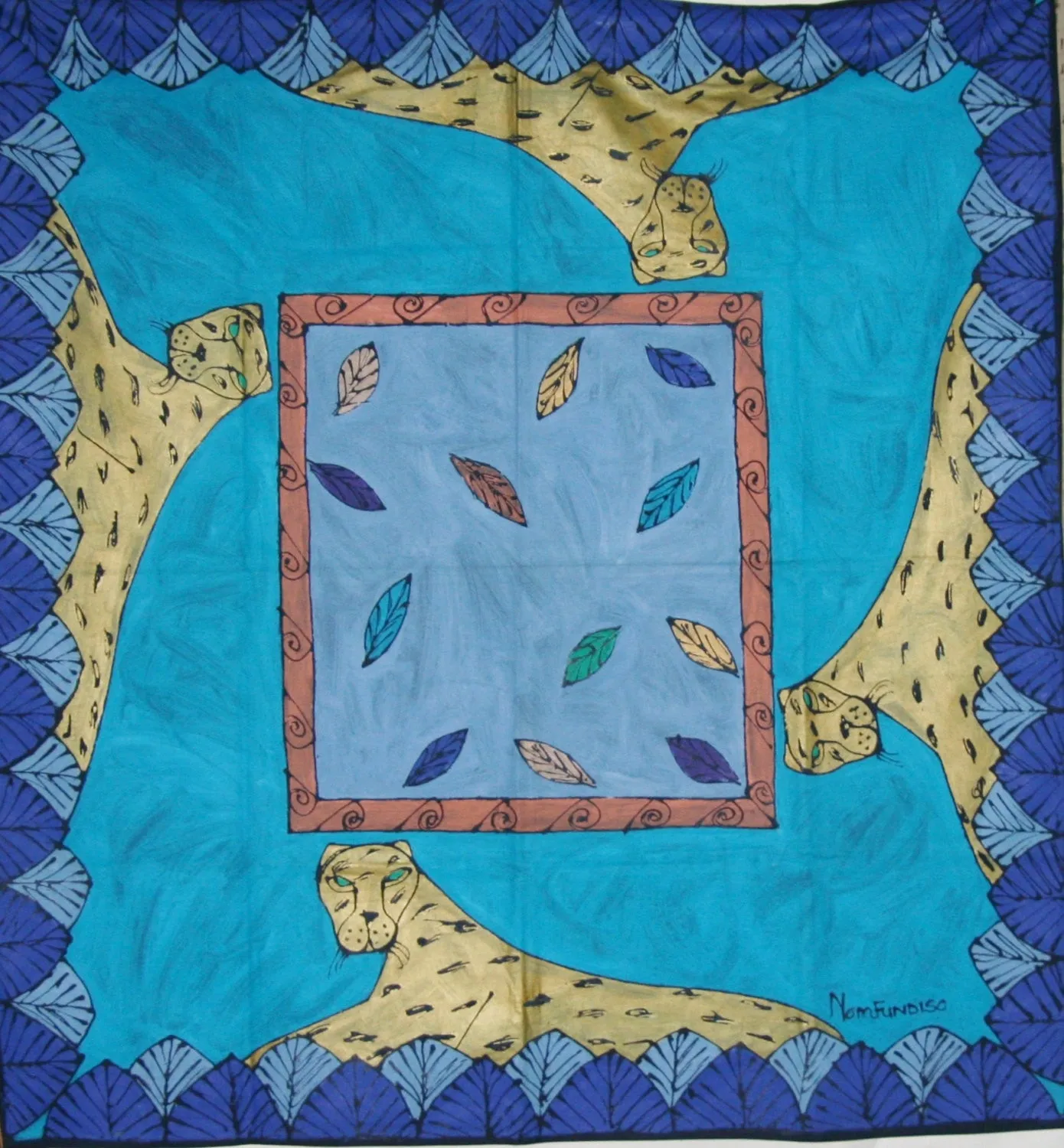 African Leopard Tapestry/Tablecloth Colors of Indigo, Gold, Periwinkle, Green, Purple, Blue 55"X 58" South Africa