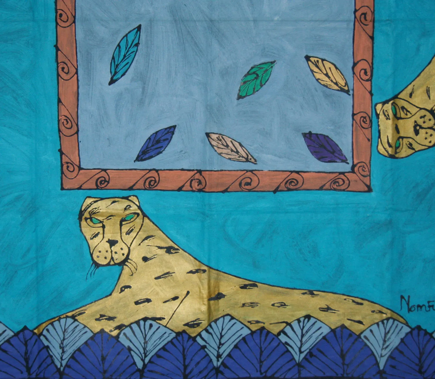 African Leopard Tapestry/Tablecloth Colors of Indigo, Gold, Periwinkle, Green, Purple, Blue 55"X 58" South Africa