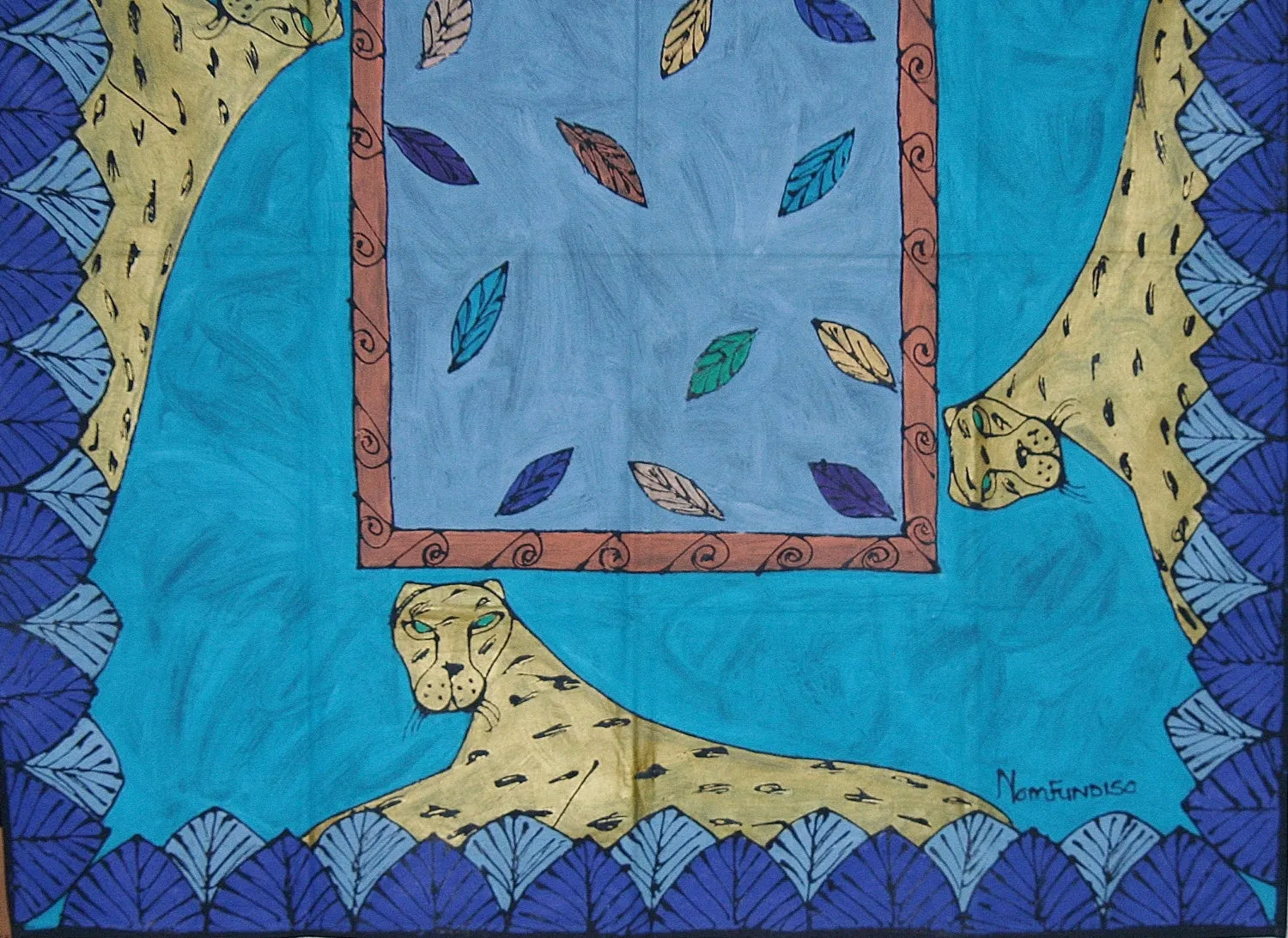 African Leopard Tapestry/Tablecloth Colors of Indigo, Gold, Periwinkle, Green, Purple, Blue 55"X 58" South Africa
