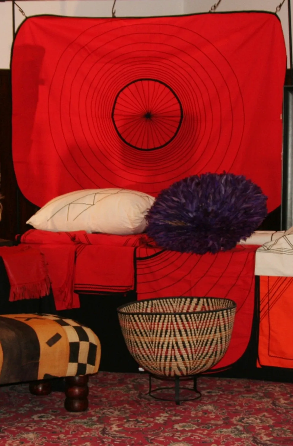 African Tapestry Orange With Black Circular Shaped Wall Hanging South Africa  70" X 73"  Circular