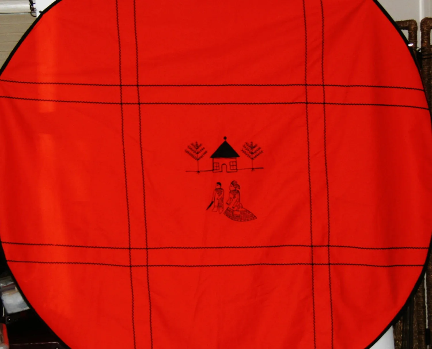 African Tapestry Orange With Black Circular Shaped Wall Hanging South Africa  70" X 73"  Circular