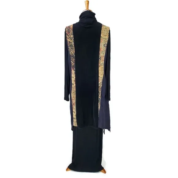 AHNI Art To Wear Lagenlook 2 Piece Velvet Tapestry Kimono Vest/LS Dress VTG