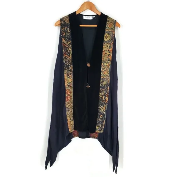 AHNI Art To Wear Lagenlook 2 Piece Velvet Tapestry Kimono Vest/LS Dress VTG