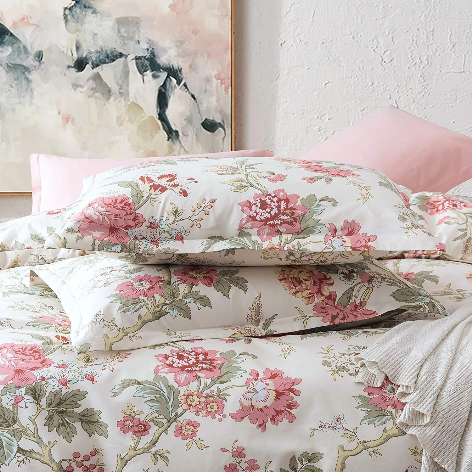 Amazing Quality 100-percent Egyptian cotton Percale Eikei Home French Country Garden Toile Floral Printed Duvet Cover Set in Queen! Peony Blossom Tree Branches Multi-coloured Design! Retails $172 