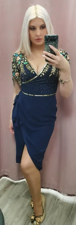 Amber Navy Wiggle Embellished Detail Occasion Dress