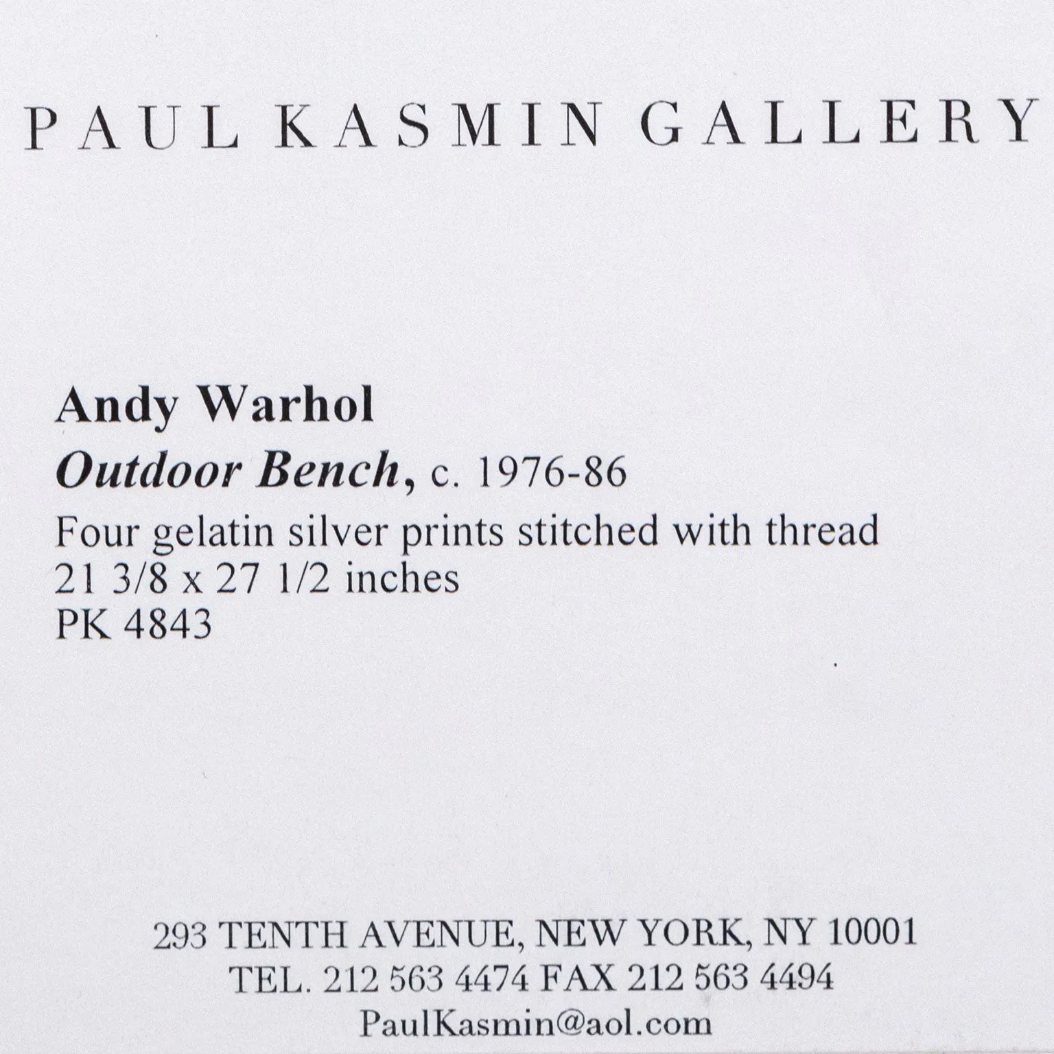 ANDY WARHOL "OUTDOOR BENCH" GELATIN SILVER PRINT, 1976-86