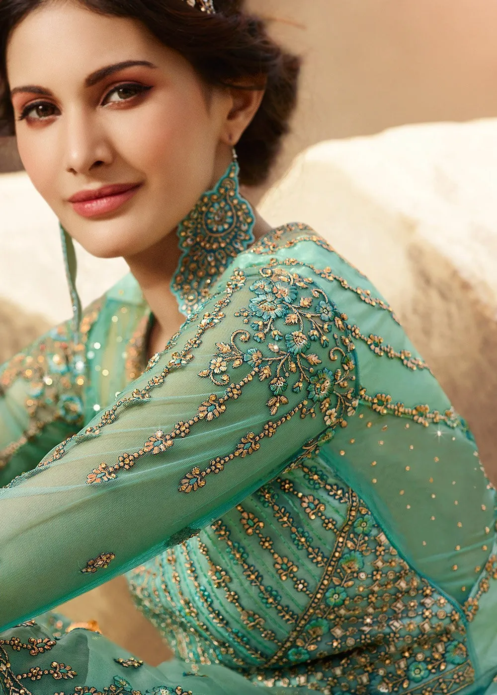 Aqua Blue Embroidered Net Gharara Suit