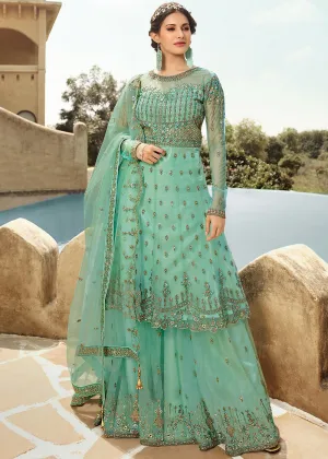Aqua Blue Embroidered Net Gharara Suit