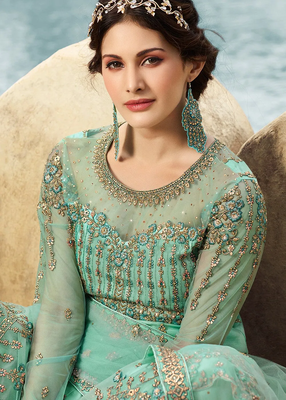 Aqua Blue Embroidered Net Gharara Suit