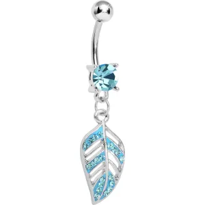 Aqua Gem Paved Floating Leaf Dangle Belly Ring