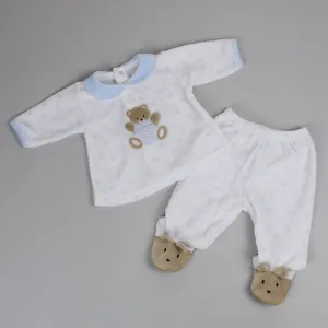 Baby Boys Teddy Polka Dot Velour Snuggle Outfit - Blue and White - Pex